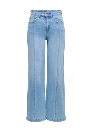 Světle modré široké džíny z denimu s vysokým pasem. Mají viditelné švy a dvě přední kapsy. Hladký povrch s neformálním designem.