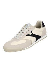 Zapatillas de hombre con paneles de ante beige y sintético crema, detalles en negro, diseño de cordones y suela de goma texturizada.