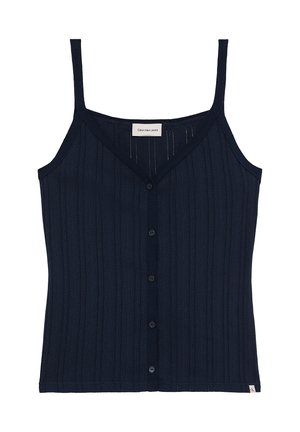 Top nero in maglia a coste con spalline sottili, chiusura con bottoni sul davanti e etichetta Calvin Klein Jeans sullo scollo.