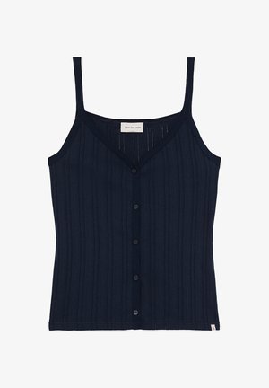 Top nero in maglia a coste con spalline sottili, chiusura con bottoni sul davanti e etichetta Calvin Klein Jeans sullo scollo.