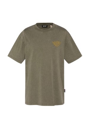 Olivgrünes T-Shirt mit kurzen Ärmeln und Rundhalsausschnitt, kleinem gelbem "Schott Air Crew"-Logo auf der Brust und Schott Markenetikett an der Seitennaht.