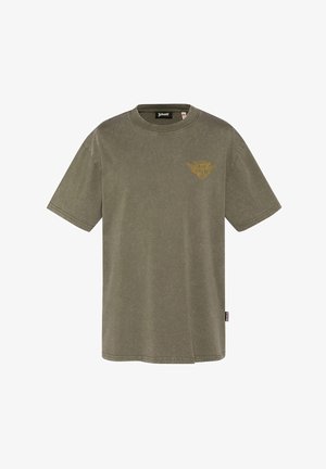 Olivgrünes T-Shirt mit kurzen Ärmeln und Rundhalsausschnitt, kleinem gelbem "Schott Air Crew"-Logo auf der Brust und Schott Markenetikett an der Seitennaht.