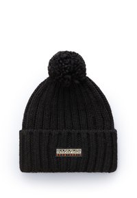 Black knit beanie with a ribbed design, featuring a large pom-pom on top and a rectangular logo patch with red and white accents.