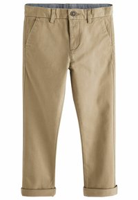 Chinos beige avec une ceinture à boutons, des poches latérales et des ourlets roulés. Fabriqués en tissu lisse avec un léger éclat et un design à jambe droite.