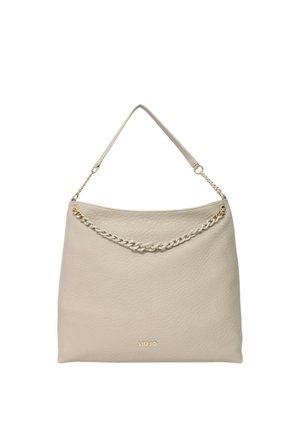 Borsa a tracolla in pelle beige con superficie testurizzata, accentuata da una catena sulla parte superiore e una strap singola per la spalla. Logo impresso sul fondo.