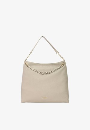 Borsa a tracolla in pelle beige con superficie testurizzata, accentuata da una catena sulla parte superiore e una strap singola per la spalla. Logo impresso sul fondo.
