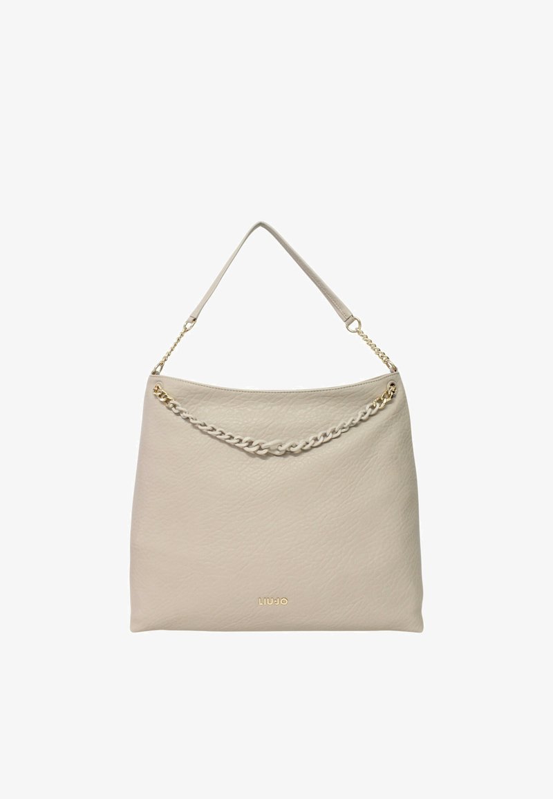 Borsa a tracolla in pelle beige con superficie testurizzata, accentuata da una catena sulla parte superiore e una strap singola per la spalla. Logo impresso sul fondo.