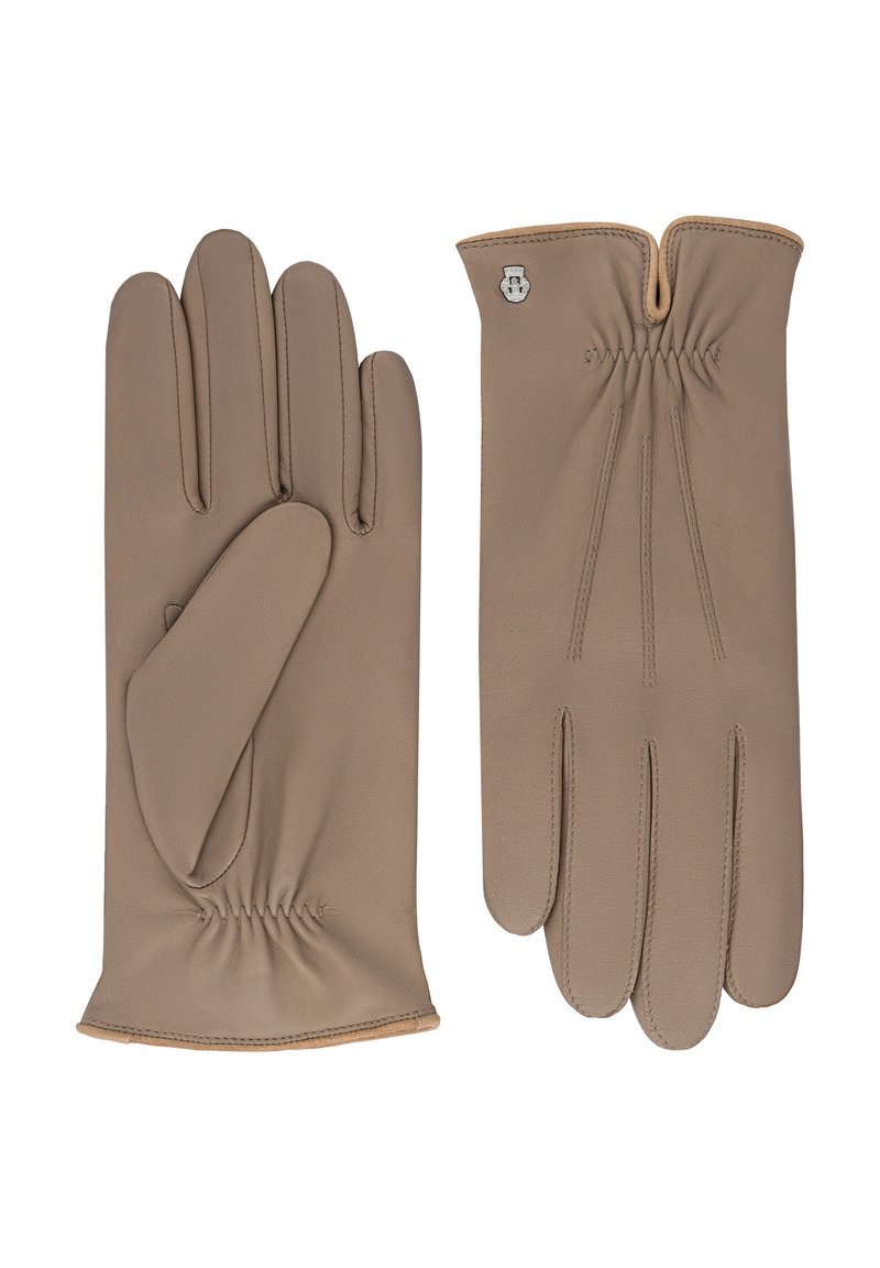 Brown leather gloves with a smooth texture, designed with gathered wrist and detailed stitching. Subtle logo accent on one glove.