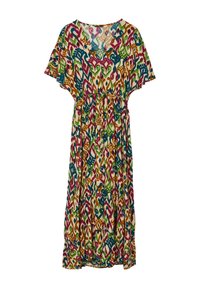 Maxi dress realizzata in tessuto leggero, caratterizzata da un motivo astratto colorato in verde, rosa, blu e arancione, con maniche corte e scollatura a V.