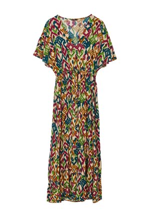 Robe maxi en tissu léger, présentant un motif abstrait coloré dans des tons de vert, rose, bleu et orange, avec des manches courtes et un décolleté en V.