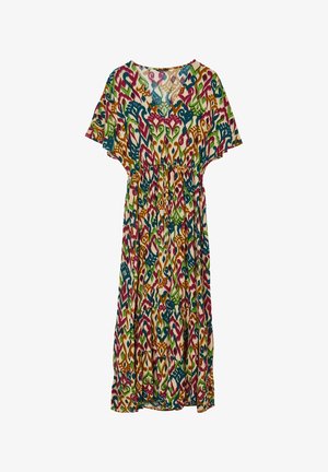 Maxi-Kleid aus leichtem Stoff, mit einem bunten abstrakten Muster in Grün, Pink, Blau und Orange, kurzen Ärmeln und einem V-Ausschnitt.