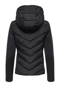 Μπουφάν με επένδυση για γυναίκες σε μαύρο χρώμα, με ραφές σε σχήμα chevron στην πλάτη, κουκούλα προσαρτημένη και μανίκια από λείο ύφασμα.