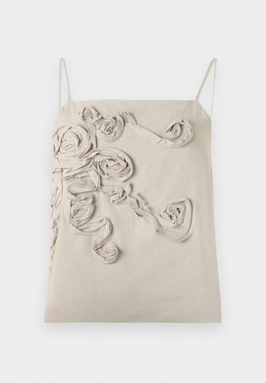 Beesist linane topp õhukeste rihmadega, mis sisaldab tekstuuriga kangast roose ja keerdunud detailidega esiosa, sile viimistlus ja mugav lõige.