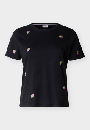 Must lühikeste varrukatega särk, mille esiküljel ja varrukatel on tikitud laiali laotud väikesed roosad sädelevad maasikad ja rohelised lehed.