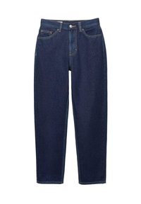 Jean en denim bleu foncé coupe droite avec bouton à l'avant, fermeture éclair, passants de ceinture et design cinq poches.