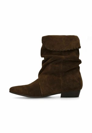 Dark brown suede mid-calf boot with a slouchy design, stitched cuff detail, low stacked heel, and pointed toe.