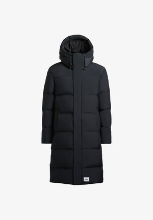 Long black padded winter coat with high collar, hood with adjustable drawstrings, long sleeves, and front pockets.