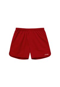 Shorts de sport rouges pour homme avec taille élastique et petit logo blanc « Prohibited » sur la partie inférieure gauche de la jambe.