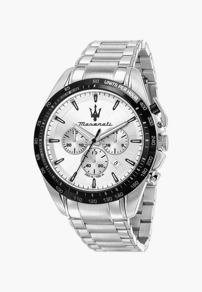 Montre en acier inoxydable avec un cadran argenté, une lunette noire, trois sous-cadrans et un affichage de la date, dotée d'un bracelet à maillons et d'une couronne.