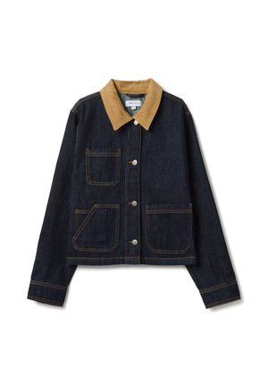 Jeansjacke mit einem beigen Cord-Kragen, vier Fronttaschen, dunkelblauem Stoff und sichtbaren Nahtdetails. Vorderseite mit Knopfleiste.