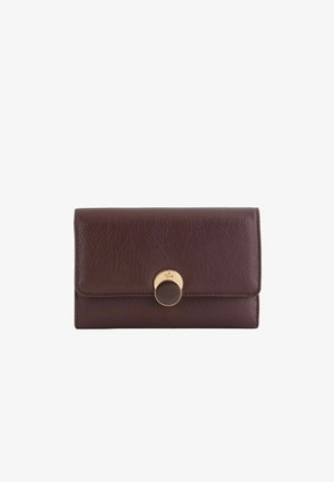Brown textured leather wallet with a gold circular snap closure. Compact rectangular design with a smooth finish and subtle logo detail.