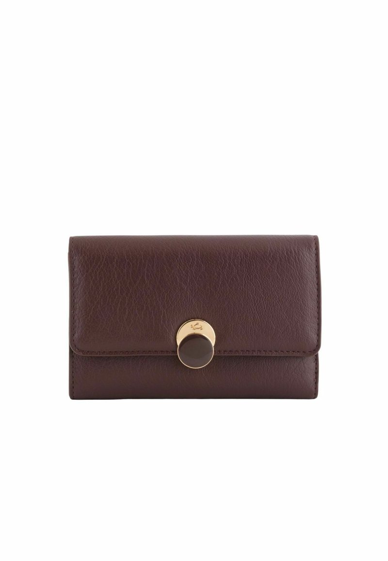 Brown textured leather wallet with a gold circular snap closure. Compact rectangular design with a smooth finish and subtle logo detail.
