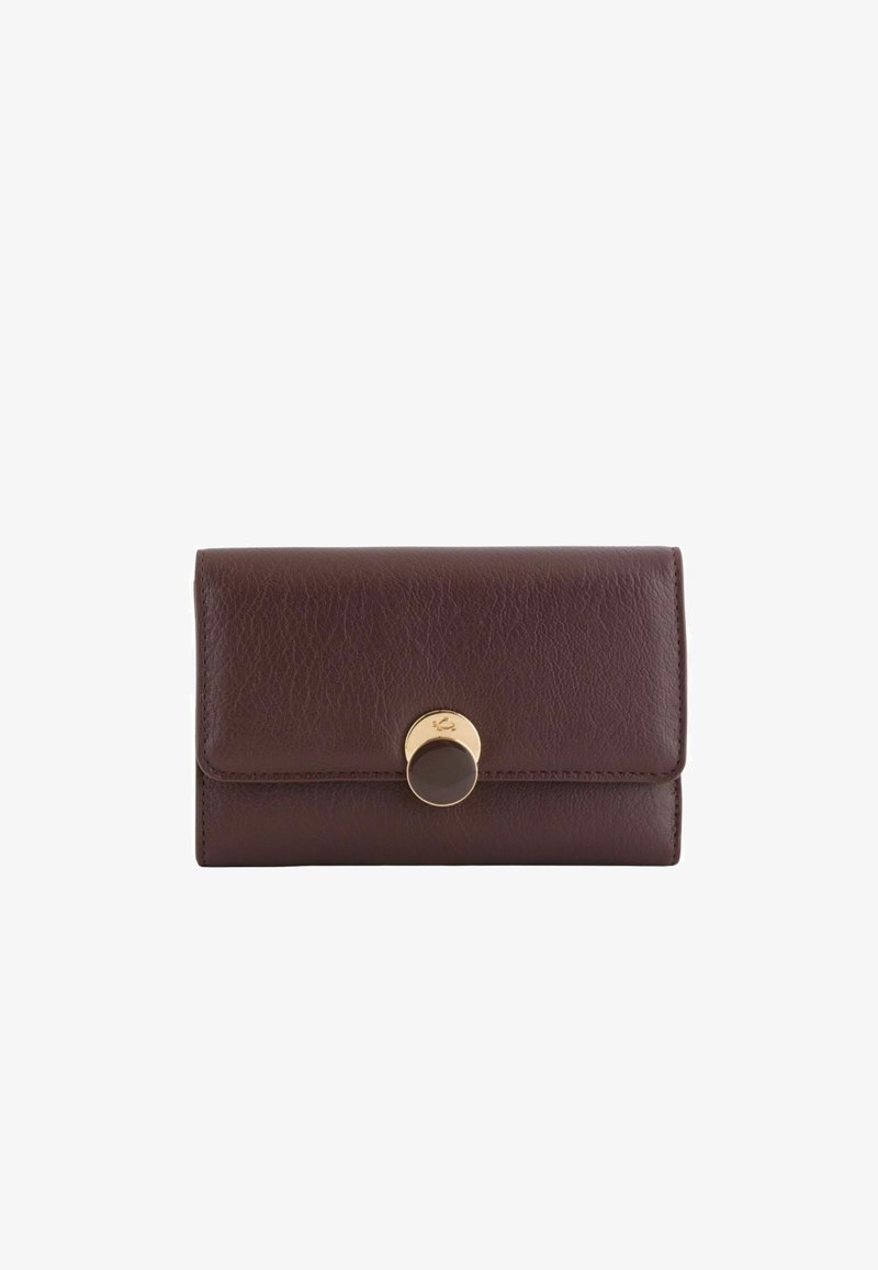 Brown textured leather wallet with a gold circular snap closure. Compact rectangular design with a smooth finish and subtle logo detail.