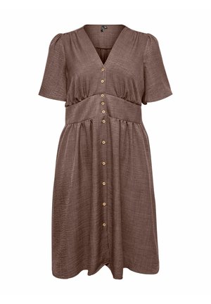 Rjava obleka s kratkimi rokavi, V-izrezom, z zapiranjem na gumbe spredaj, oprijeta v pasu in teksturirano tkanino.