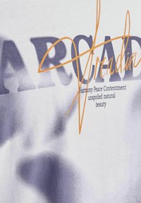 Camiseta de algodón blanca con un gran estampado gráfico en gris y naranja que presenta la palabra "Arcadia" y un texto sobre la armonía y la belleza natural.