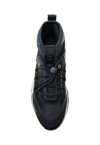 Black athletic shoe featuring a synthetic upper, rounded toe, elastic laces, and a textured surface. Includes a pull tab at the ankle.