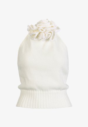 Top alb tricotat fără mâneci, cu tiv cu refile și un detaliu mare de volan texturat la decolteu.