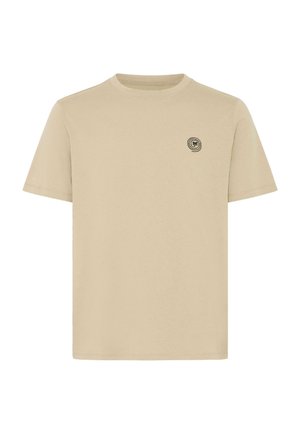 Beige short-sleeve crew neck t-shirt with small black circular logo on left chest.