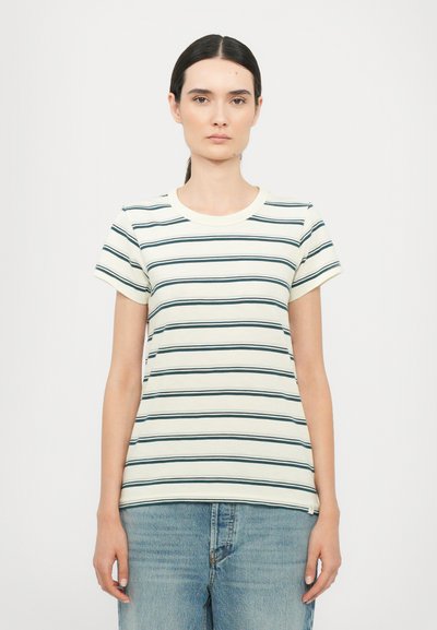 Gestreiftes T-Shirt in Off-White mit dunkelblauen horizontalen Streifen; runder Ausschnitt, kurze Ärmel und lockere Passform. Baumwollmaterial.