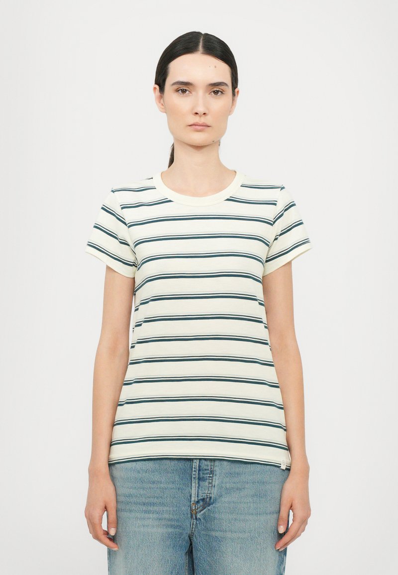 T-shirt w paski w kolorze off-white z granatowymi poziomymi paskami; okrągły dekolt, krótkie rękawy i luźny krój. Materiał bawełniany.