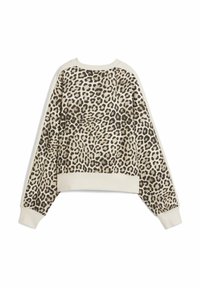 Sweatshirt à imprimé léopard avec des accents crème, manches longues, poignets et ourlet côtelés, texture douce, coupe décontractée, col rond.