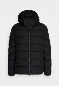 Veste matelassée noire avec capuche, fermeture éclair complète à l'avant, deux poches latérales zippées et poignets ajustables sur fond blanc.