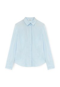Lichtblauwe langharige shirt met een puntkraag, knoopsluiting aan de voorkant en een effen textuur. Heeft zijnaad en rechte zoom.