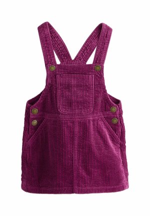 Lila Cordkleid aus Kord für Kleinkinder mit Fronttasche, gekreuzten Schulterriemen und Messing-Knopfverschlüssen an Seiten und Riemen.