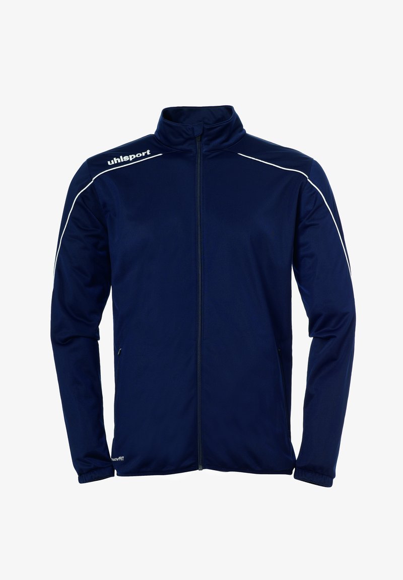 Marineblå sportsjakke med høj krave, fuld lynlås, hvide accenter på skuldrene og sidelommer, lavet af et glat, letvægtsstof.