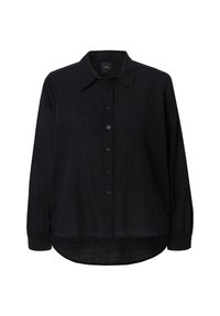 Black long-sleeve shirt, button-down front, made of textured fabric with a subtle sheen. Rounded hem and cuffed sleeves.