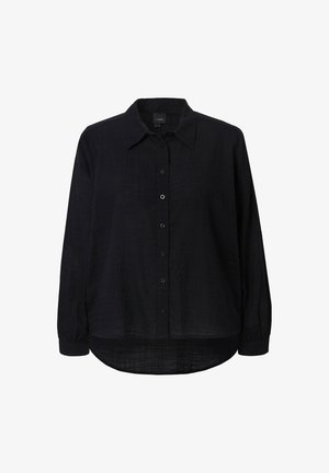 Zwarte langarmsgemouwen shirt, met knoopsluiting aan de voorkant, gemaakt van een gestructureerde stof met een subtiele glans. Rondom afgeronde onderkant en manchetten met cuffs.