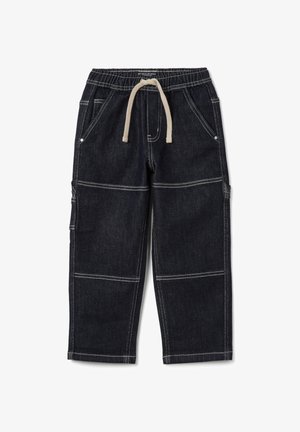 Pantalons en denim foncé avec une coupe décontractée, taille élastique, cordon de serrage, poches latérales et détails de couture blanche contrastante.