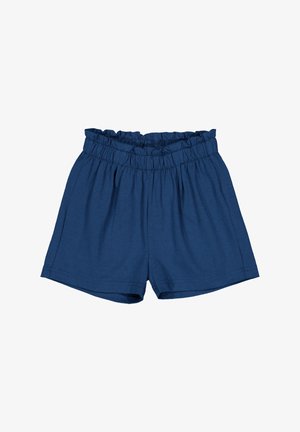 Blaue Baumwollshorts mit elastischem Bund und lockerer Passform. Mit weichem Material und geradem Saumabschluss. Keine Taschen oder Muster.