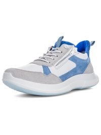 Flacher Sneaker in Weiß, Grau und Blau mit Schnürung vorne, Seitenreißverschluss und gepolsterter Sohle, schräg gestellt zur Ansicht der Außenseite.
