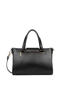 Borsa a mano in pelle nera con forma strutturata, doppi manici, tracolla removibile e tasca frontale con zip dorata. Texture liscia.