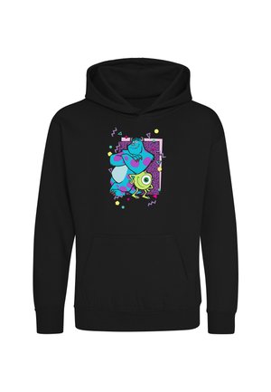 Felpa con cappuccio nera con mostri colorati di cartoni animati con corpi blu e verdi su uno sfondo geometrico viola al centro davanti.