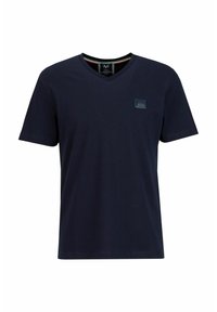 Navyblauwe t-shirt met korte mouwen en V-hals, gemaakt van zachte stof. Heeft een klein, gestructureerd logo-embleem op de linkerborst.