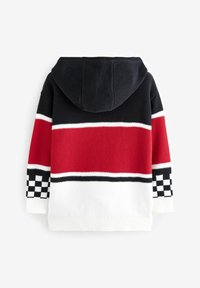 Hoodie met een zwart, rood en wit gestreept patroon. Beschikt over een gebreide textuur en geruite accenten op de mouwen. Zacht materiaal.