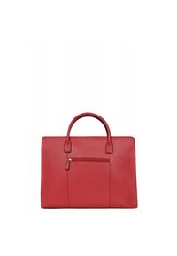 Rode lederen schoudertas met twee handvatten, een voorvak met rits en een gladde textuur. Rechte vorm, eenvoudig ontwerp.