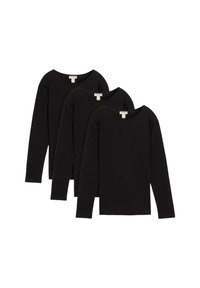 Tre t-shirt nere a maniche lunghe con scollatura rotonda. Tessuto in cotone morbido; le magliette sono identiche nel design e nella vestibilità, disposte piatte.